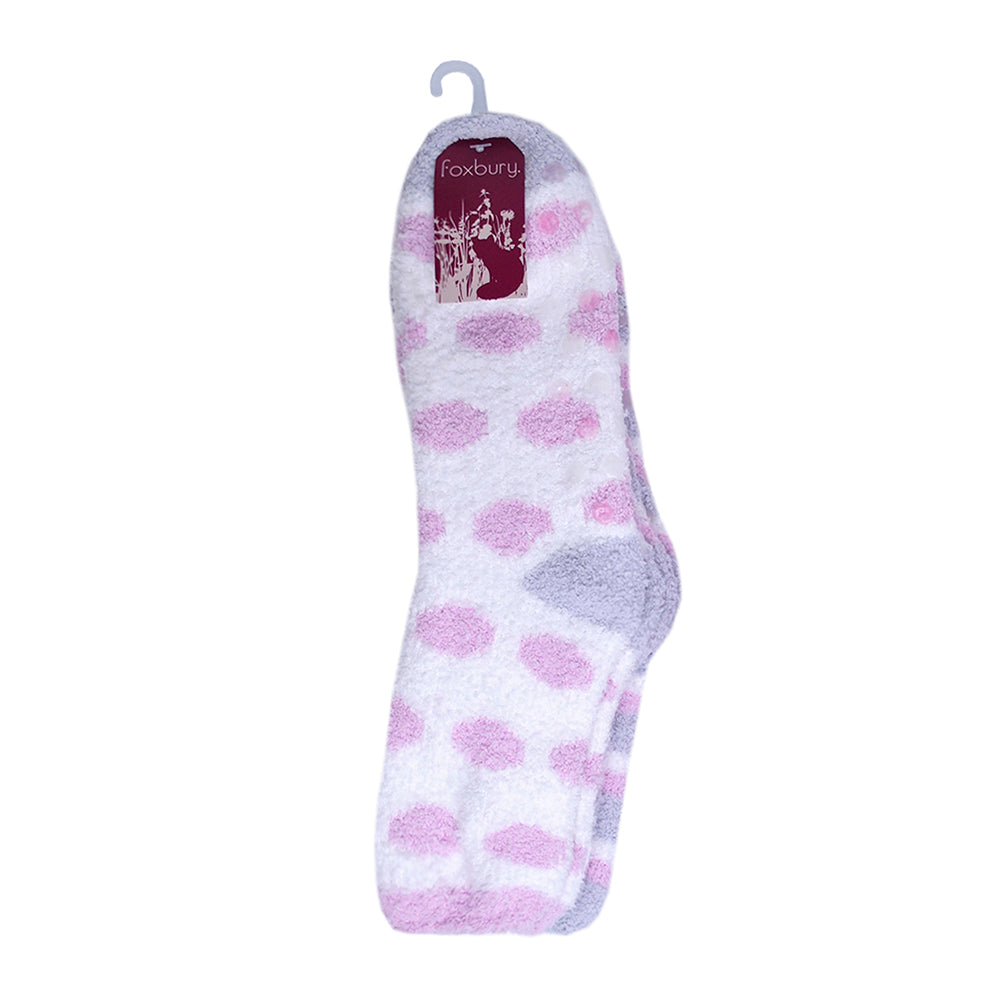 Ladies Soft Fluffy Non-Skid Gripper Slipper Snow Socks 2 Pack White Pink Stripes