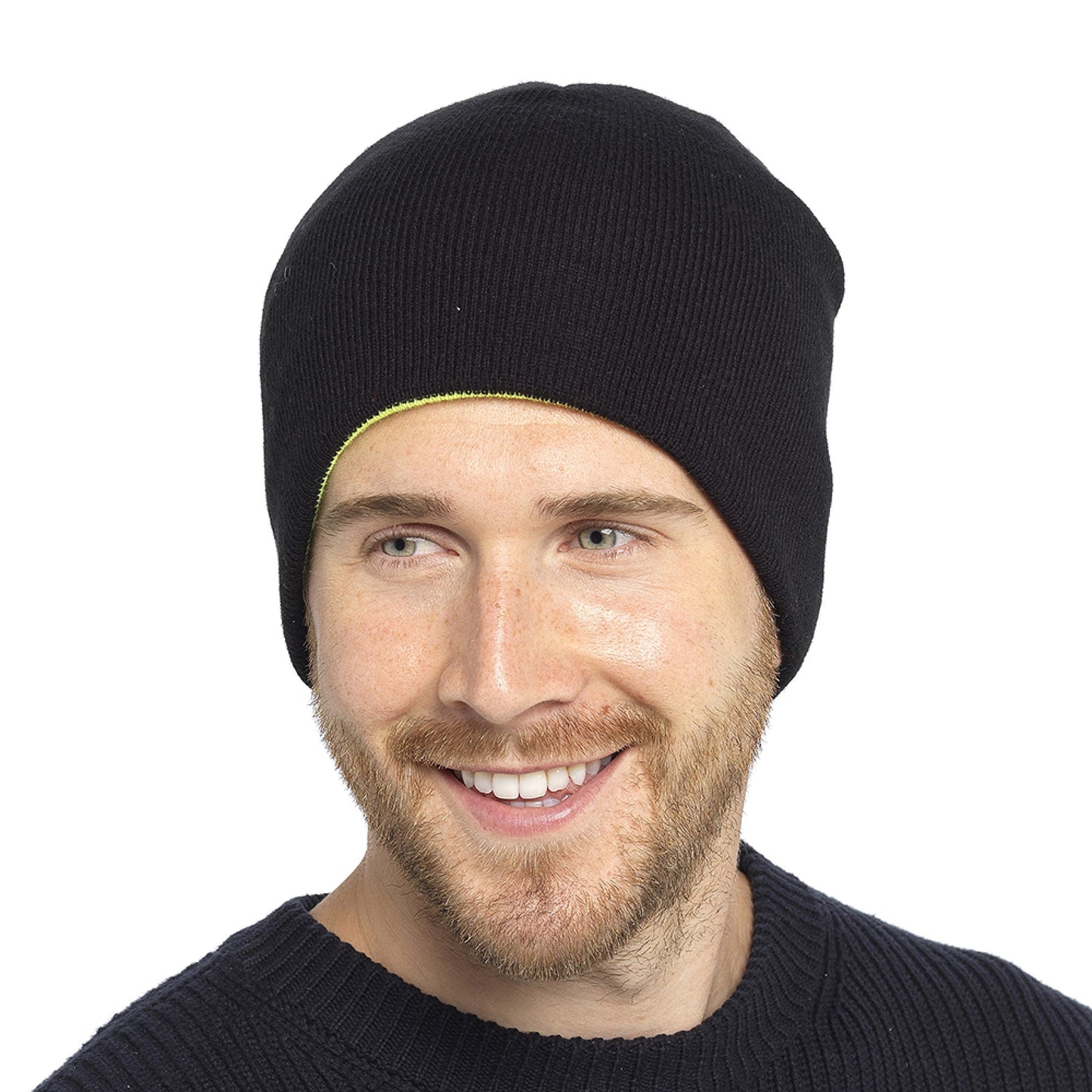 Men's High Visibility/Black Reversible Knitted Beanie Hat Winter Hat