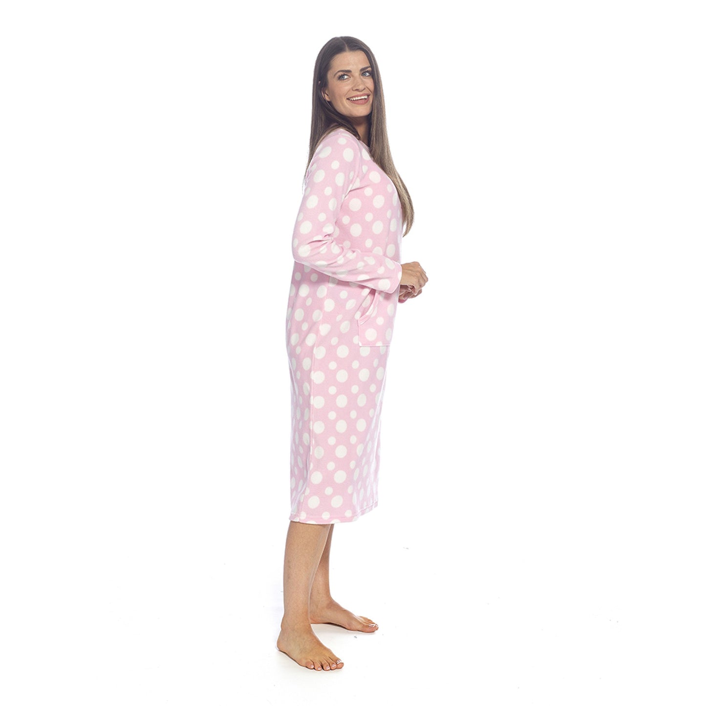 Ladies Fleece Nightie Longer Length Warm Nightdress Lounger with Kangaroo Pocket