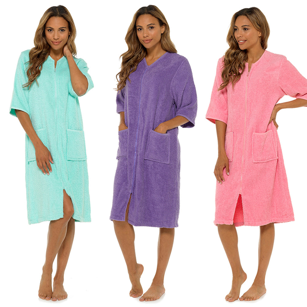 Ladies 100% Cotton Terry Towelling Zip Up Bath Robe Dressing Gown House Coat