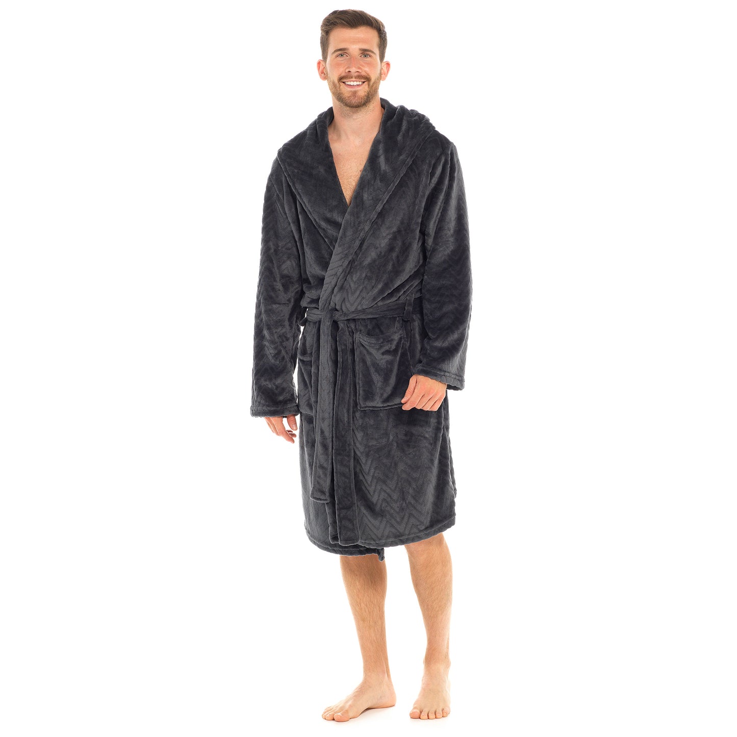 Men’s Fleece Hooded Robe Charcoal Grey Chevron Embossed Warm Winter Flannel Fleece Dressing Gown