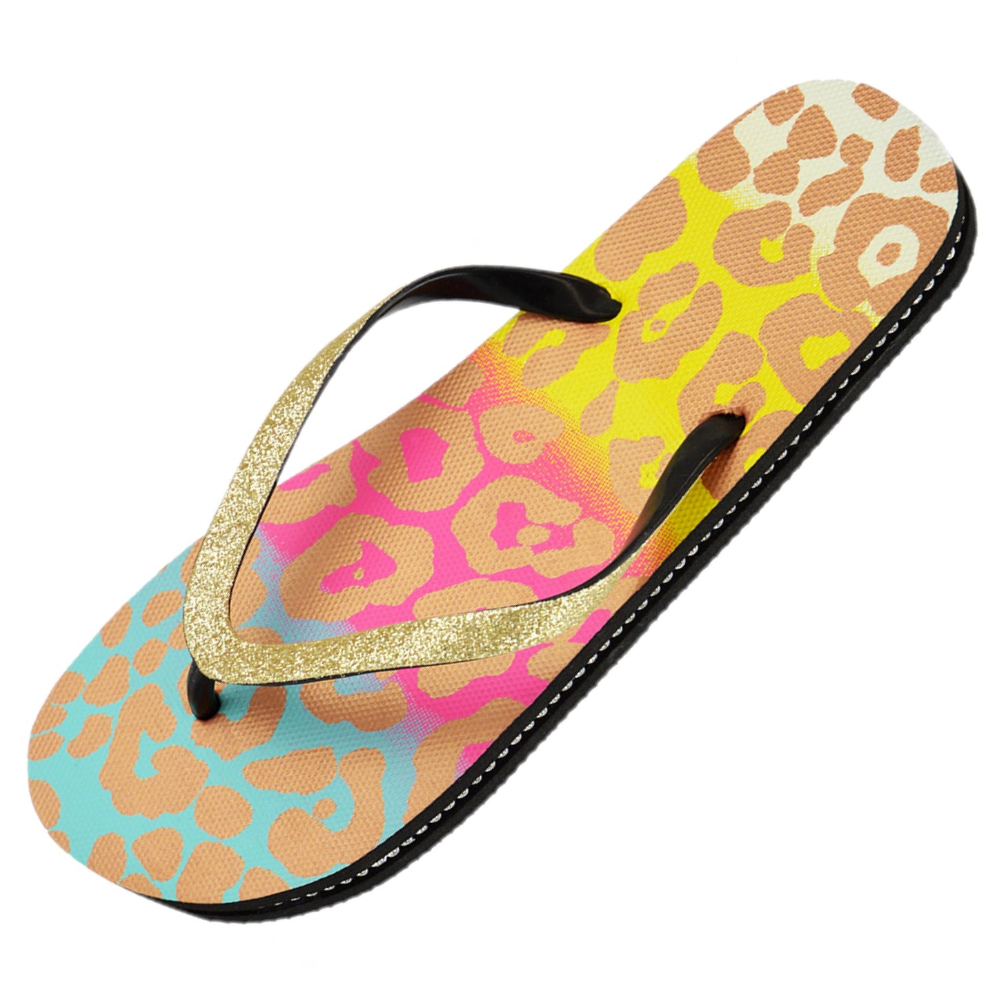 Ladies Leopard Print Glittery Strap Summer Flip Flops Beach Sandals with Diamantes