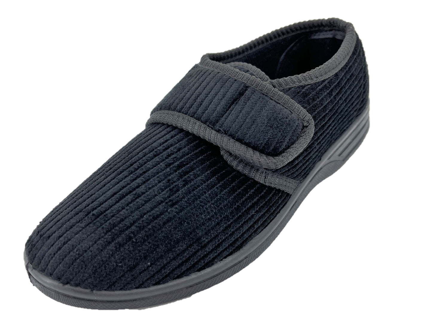 Men's Easy Access Black Corduroy Touch-and-Close Strap Slippers House Shoes