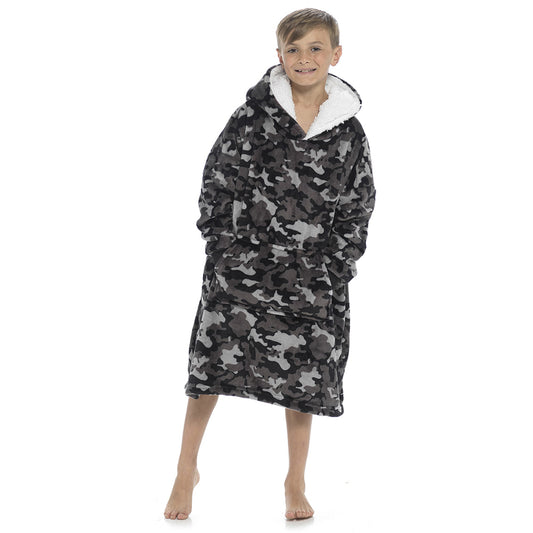 Boys Camo Print Oversized Hoodie Soft Grey Camouflage Pattern Hooded Sweatshirt Fleece-Lined Hood Loungewear