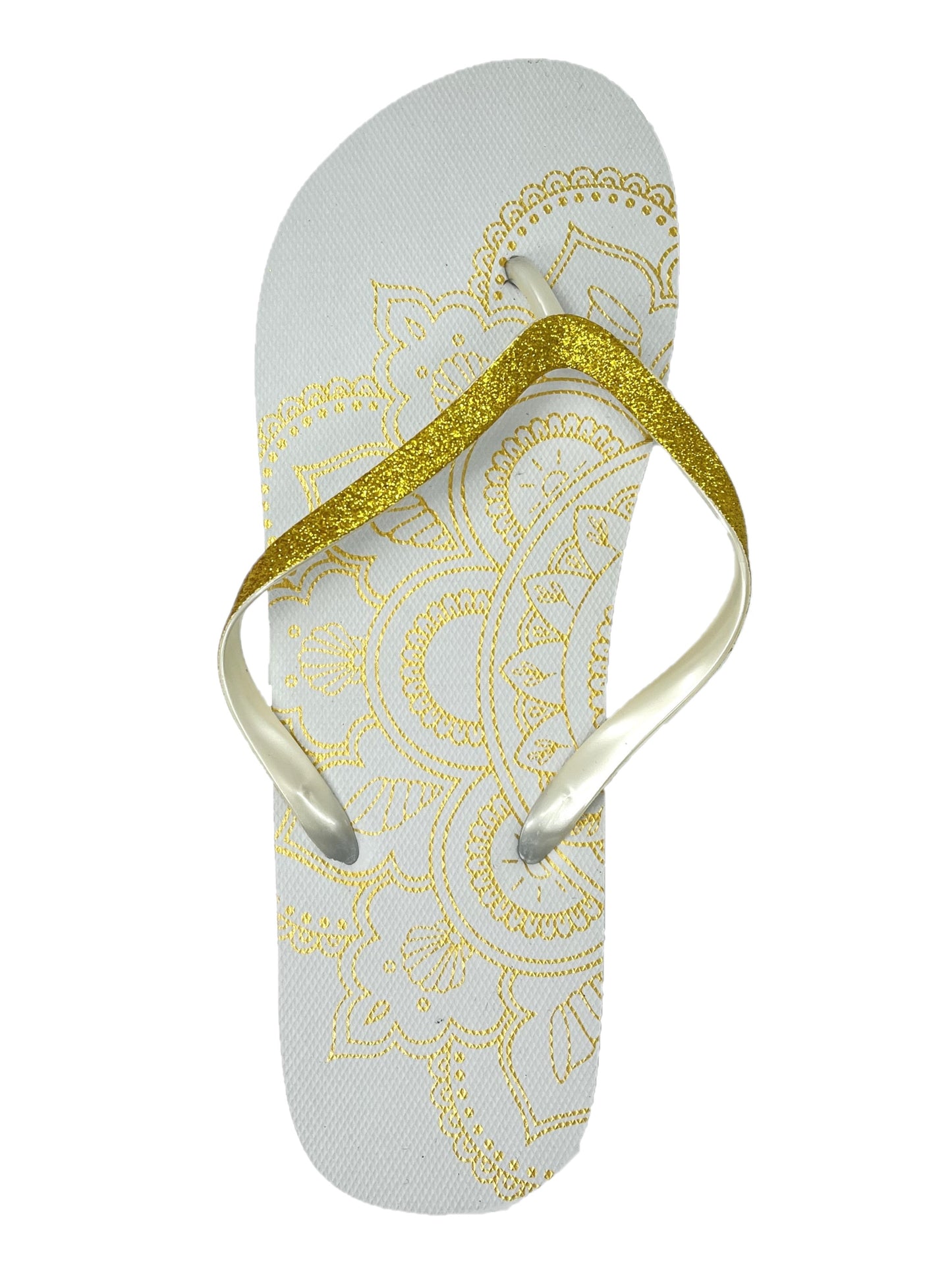 Ladies Flip Flops Glittery Strap Metallic Mandala Print Summer Beach Sandals