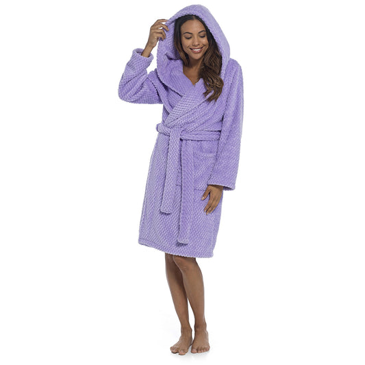Ladies Lilac Hooded Dressing Gown Soft Warm Honeycomb Fleece Robe with Tie Waist and Pockets
