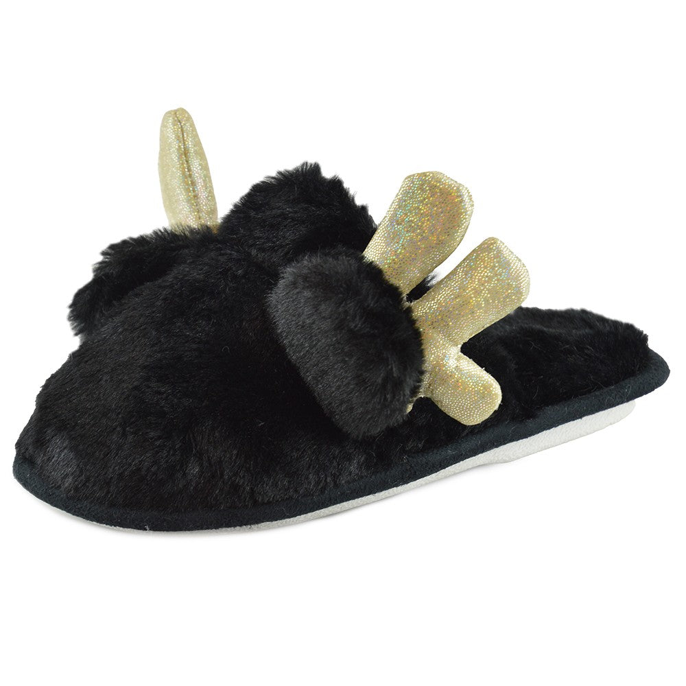 Girls Reindeer Christmas Slippers Black Faux Fur Antlers Ears Non Slip Sizes 9-3