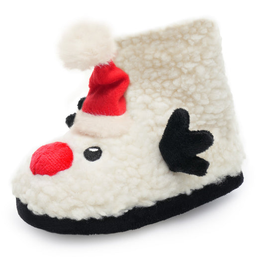 Toddler Christmas Slippers Boys Girls Rudolph with Santa Hat Design Faux Sheepskin Bootee