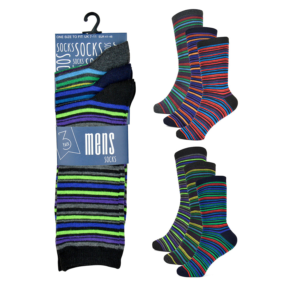 6 Pairs Men's Socks Calf-Length Multicoloured Striped - UK 7-11