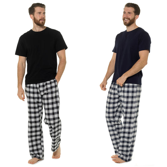 Mens Cotton Jersey T-Shirt and Woven Checked Long Pants Pyamas Set