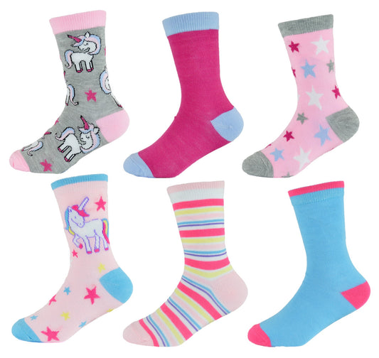 6 Pairs Girls Multicoloured Unicorn Patterned Ankle Socks