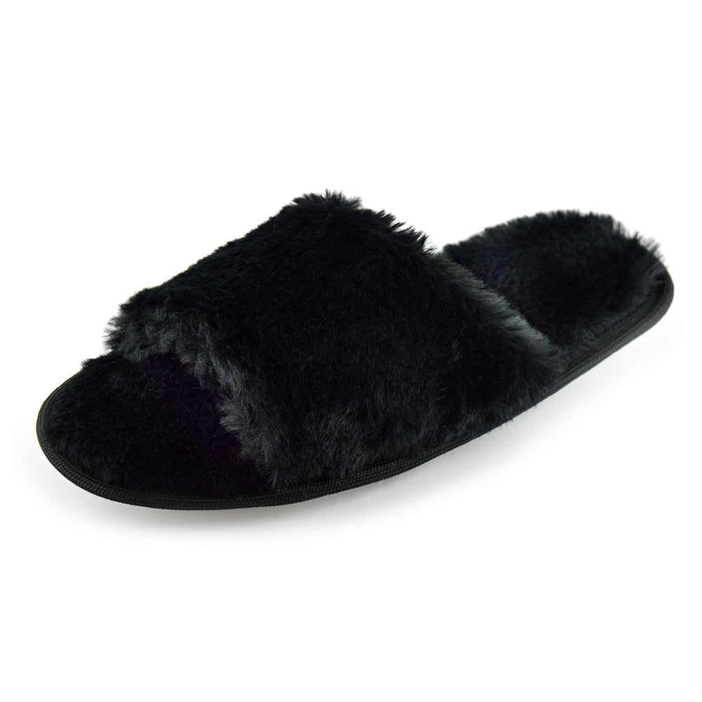 Ladies Faux Fur Mule Slippers – Soft & Fluffy Slip-On House Shoes – Padded Footbed & Cushioned Toe Strap – Non-Slip Sole – Warm & Cosy Indoor Slippers – Black or Pink – UK Sizes 3-4, 5-6, 7-8
