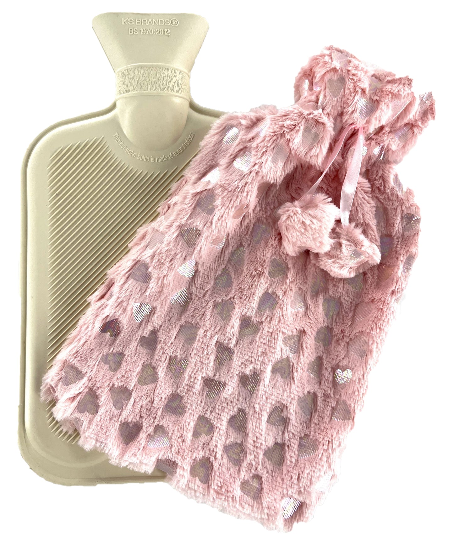 Heart Hot Water Bottle Foil Print Plush 2 Ltr, Grey or Pink