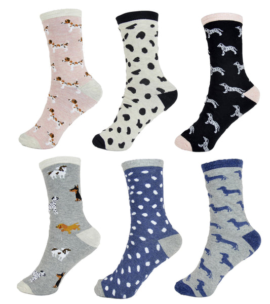 Ladies Dog or Cat Animal Pet Patterned Cotton Rich Ankle Socks 6 Pairs