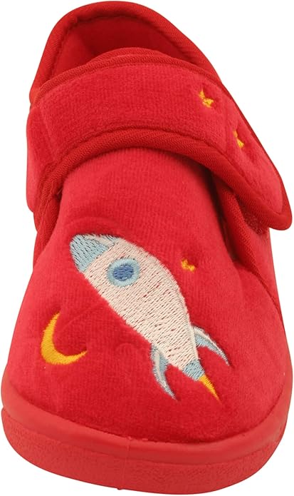 Boys Red Rocket Bootie Slippers – Velour, Touch & Close Strap, Non-Slip Sole, UK 4 7
