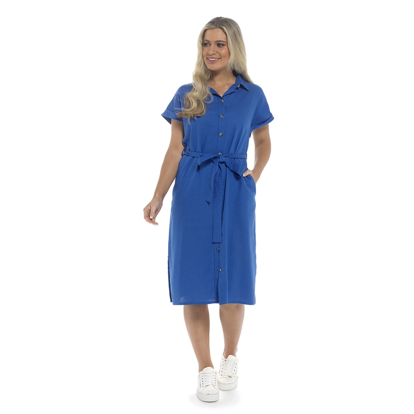 Ladies Linen Button Through Short Sleeve Dress - Blue UK 18