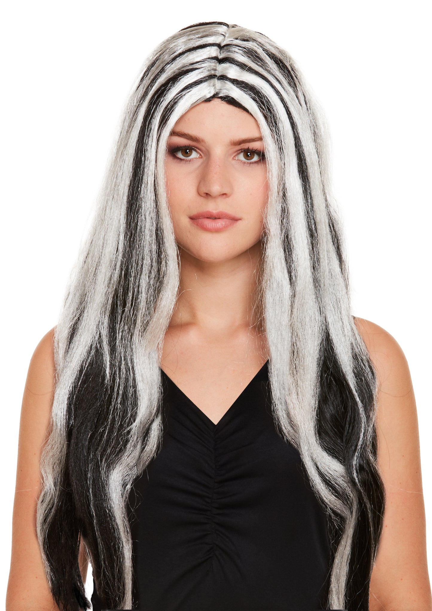 Long Black White Streak Witch Vampire Bride Old Hag Fancy dress Halloween Wig