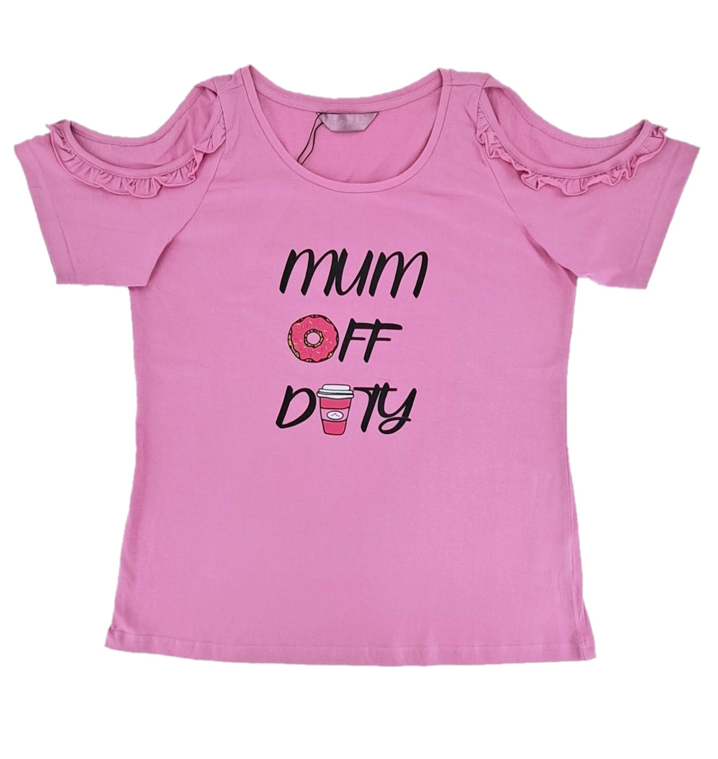 Ladies Pink "Mum Off Duty" Ruffle Detail Cold Shoulder Cotton Pyjamas