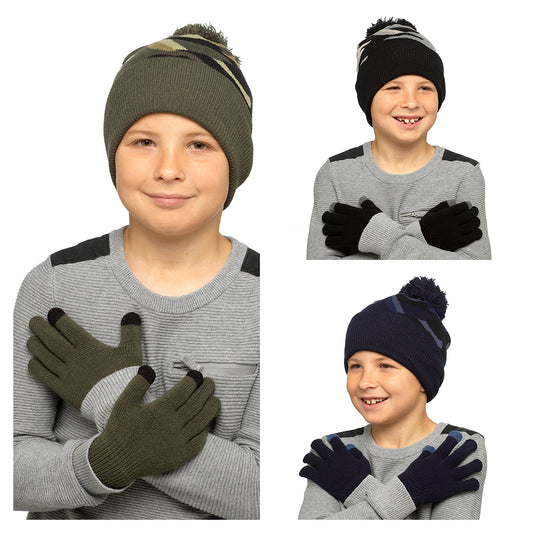 Boys Camo Bobble Hat & Touchscreen Gloves Winter Knit Set 6–12 Years
