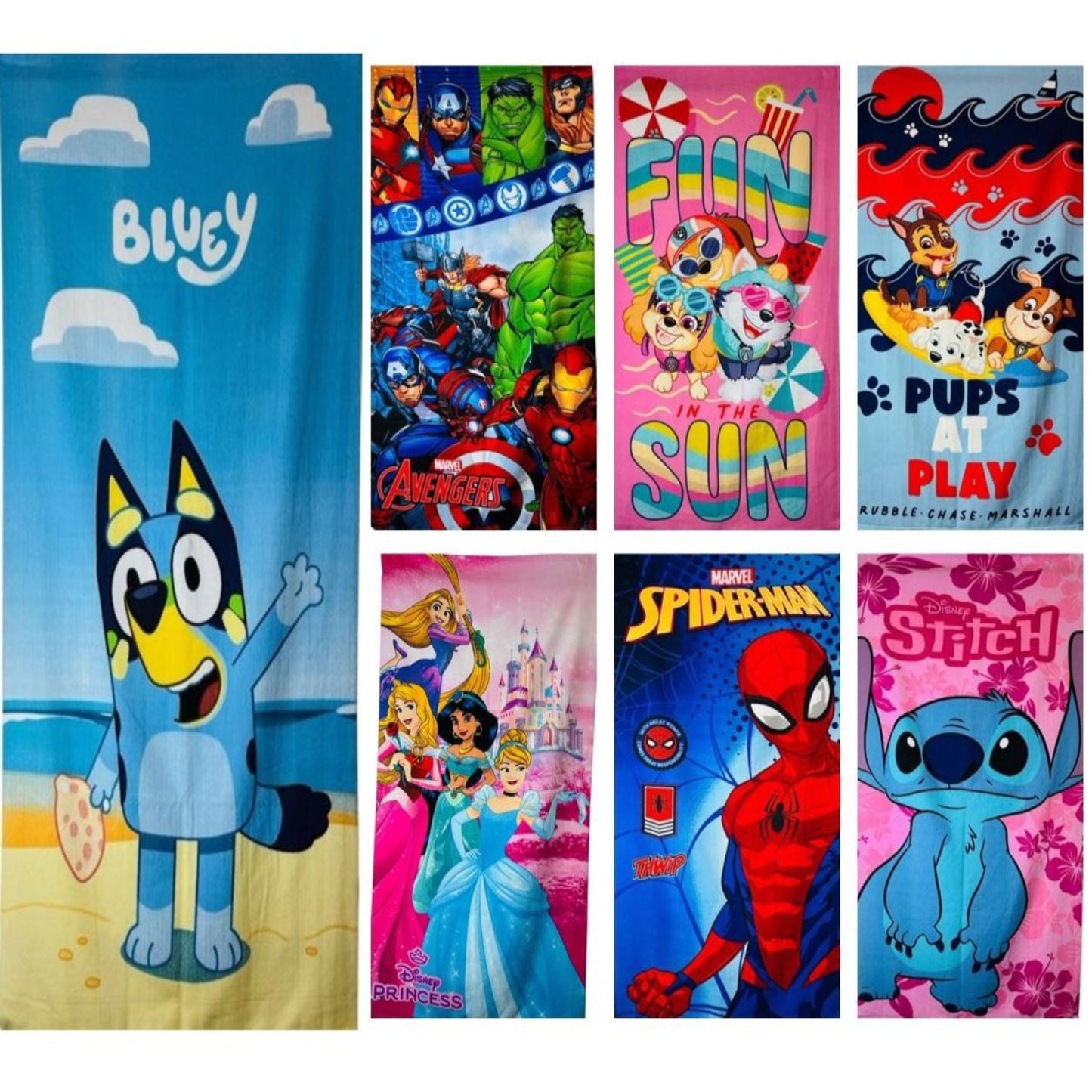 Children's Beach Towel, Bluey, Spiderman, Avengers, Princess, Paw, Stitch