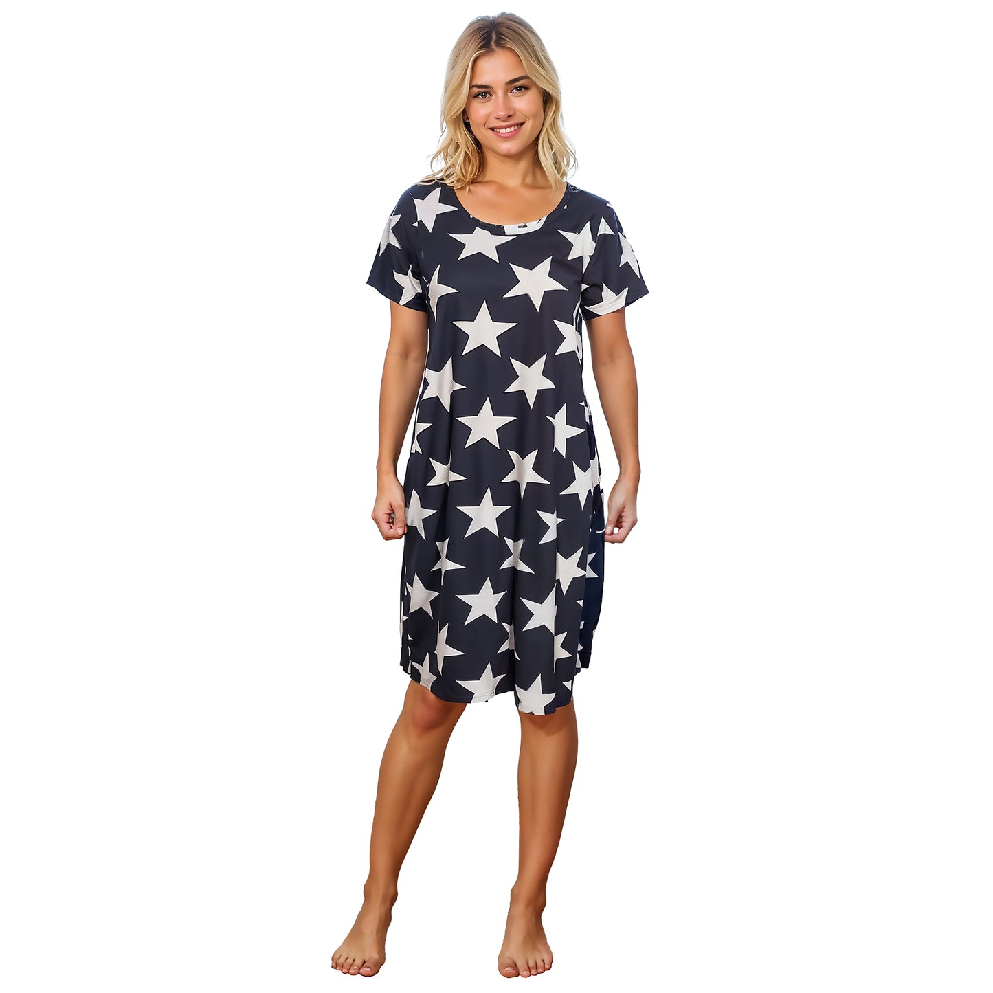 Ladies Star Print Nightie Short Sleeved 100% Cotton Jersey Summer Nightdress