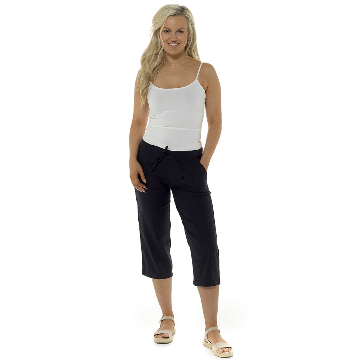 Ladies Linen Blend Cropped Trousers 3/4 Length Casual Summer Pants with Ribbed Waistband and Pockets