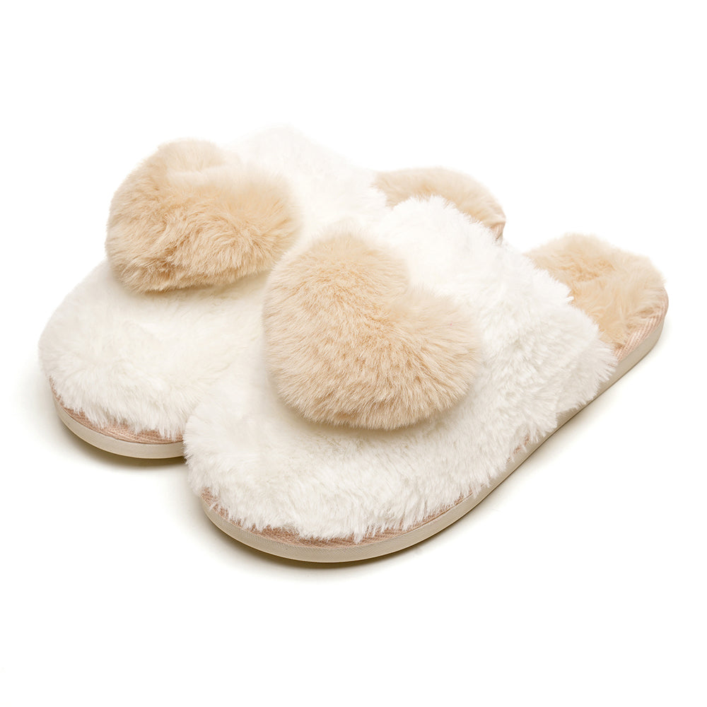 Women’s Faux Fur Heart Mule Slippers Fleece Lined Non Slip Sole Cosy Gift