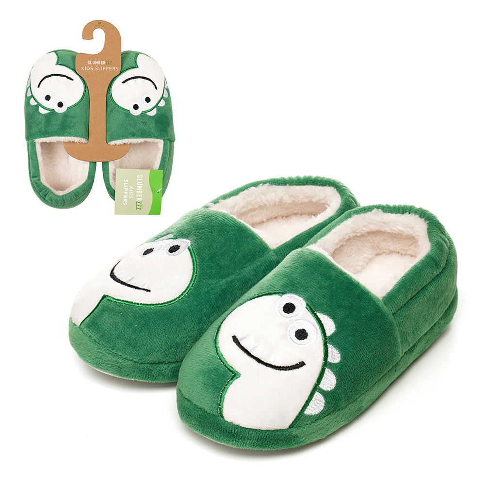 Boys Dinosaur Slippers – Green Plush Indoor Slippers with Soft Lining