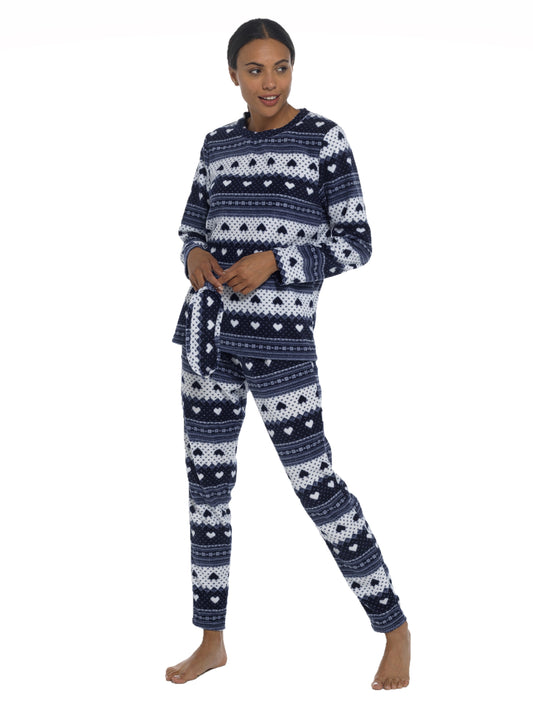 Ladies Fleece Pyjamas Blue and White Soft Micro Fleece Patterned 2 Piece Winter PJs - Hearts, Snowflakes, Stripes