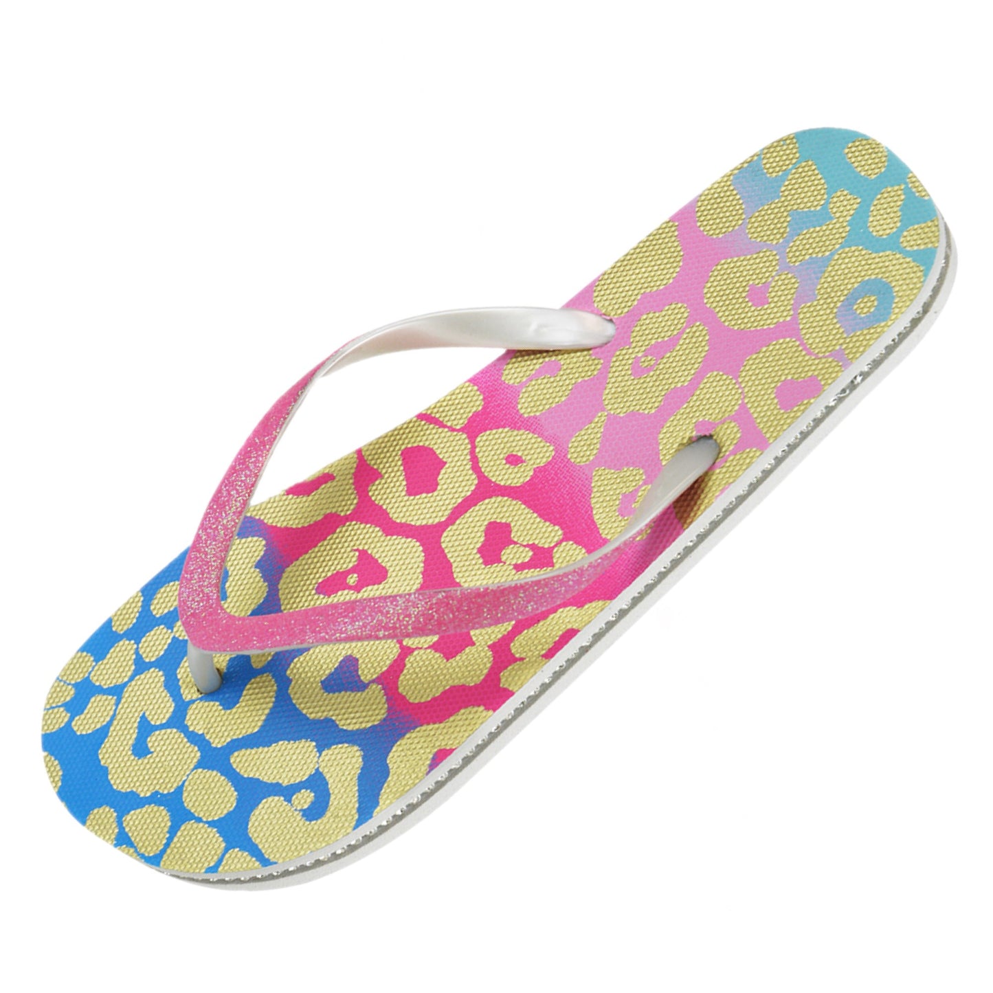 Ladies Leopard Print Glittery Strap Summer Flip Flops Beach Sandals with Diamantes