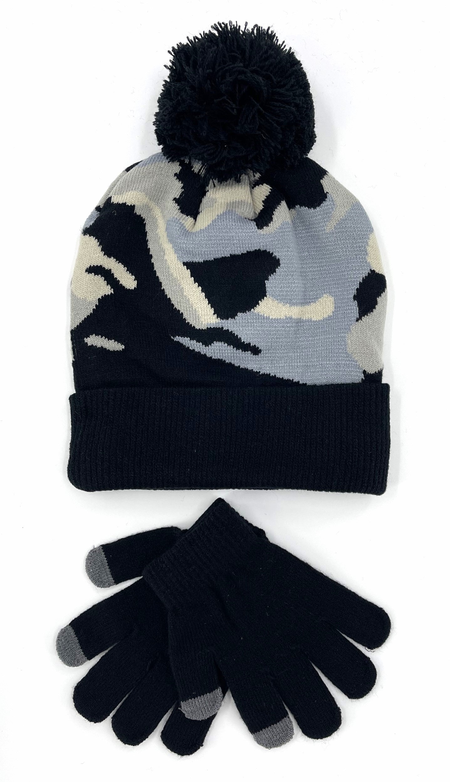 Boys Camo Bobble Hat & Touchscreen Gloves Winter Knit Set 6–12 Years