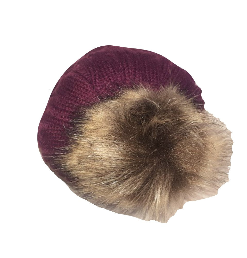 Ladies Purple Chunky Knit Hat with Faux Fur Bobble