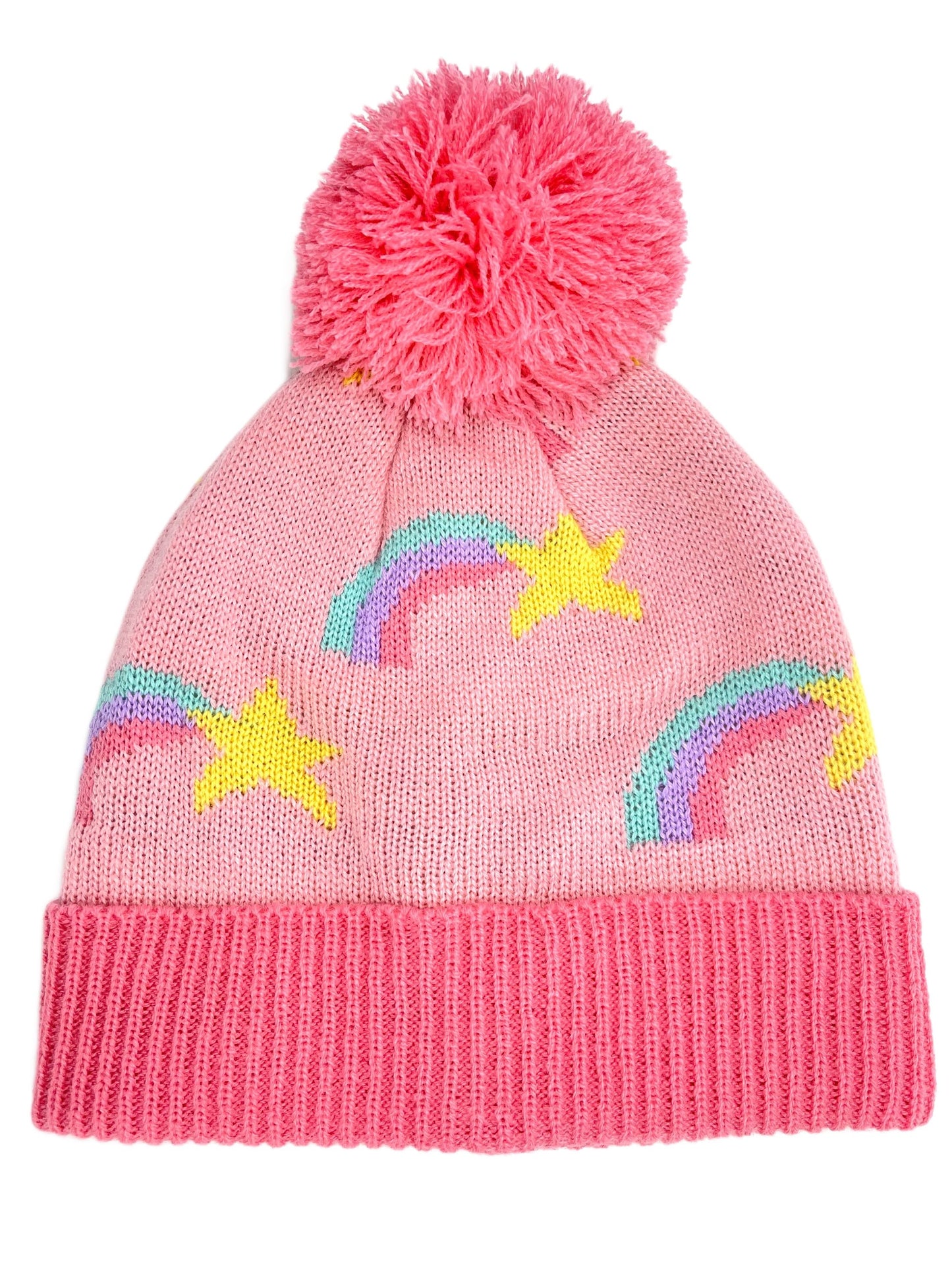 Girls' Knitted Bobble Hat Pink Winter Beanie with Rainbow Design Pink Pom-Pom