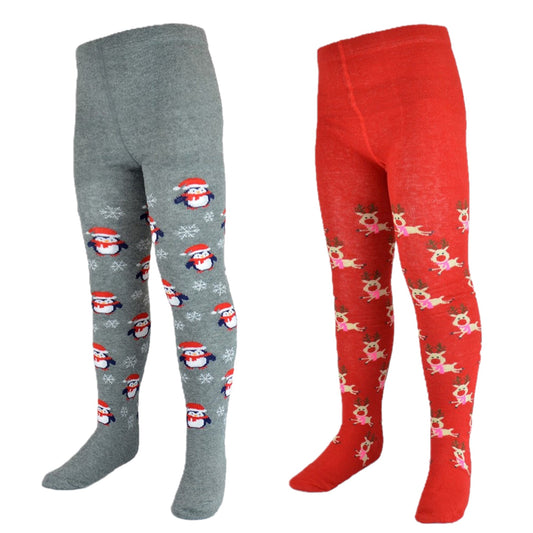 2 Pack Girls Christmas Patterned Cotton Rich Super Soft Knitted Tights