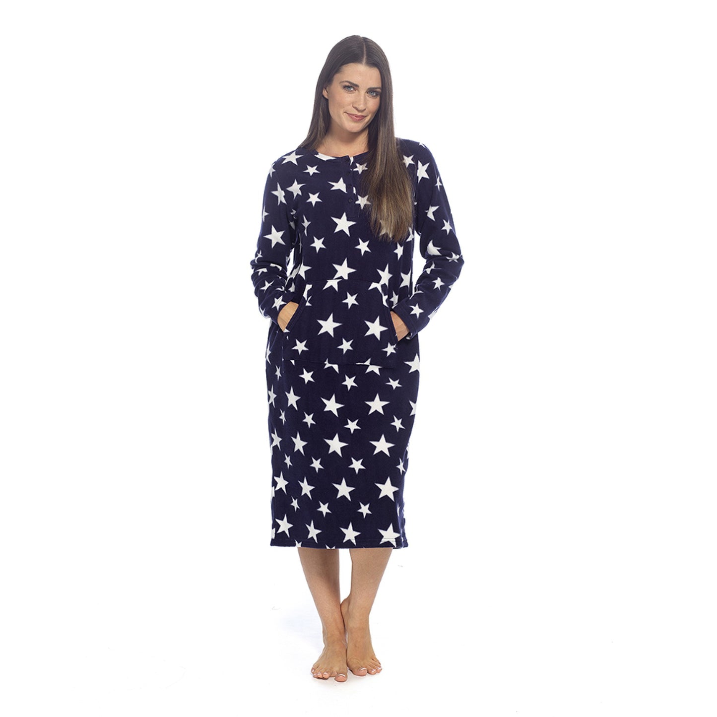 Ladies Fleece Nightie Longer Length Warm Nightdress Lounger with Kangaroo Pocket