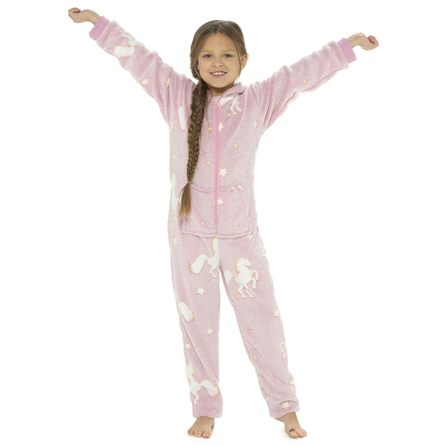Girls Pink Unicorn Onesie Soft Glow-in-the-Dark Fluffy Fleece Zip-Up Hooded One Piece
