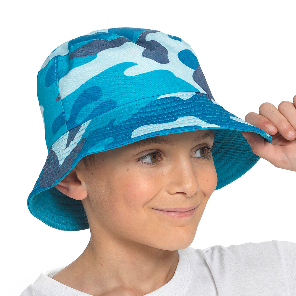 Boys Reversible Bucket Hat Blue/Camo Print Summer Sun Hat