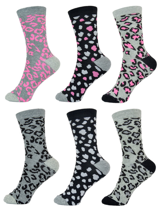 6 Pairs Ladies Leopard Pattern Ankle Socks Grey Black Pink Cotton Rich UK 4-7
