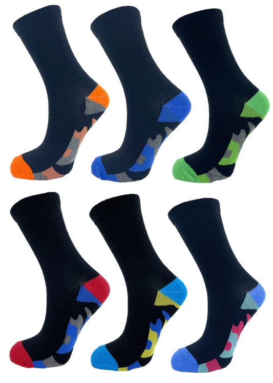 6 Pack Boys Black Socks Cotton Rich Camo Patterned Soles Coloured Heels Toes