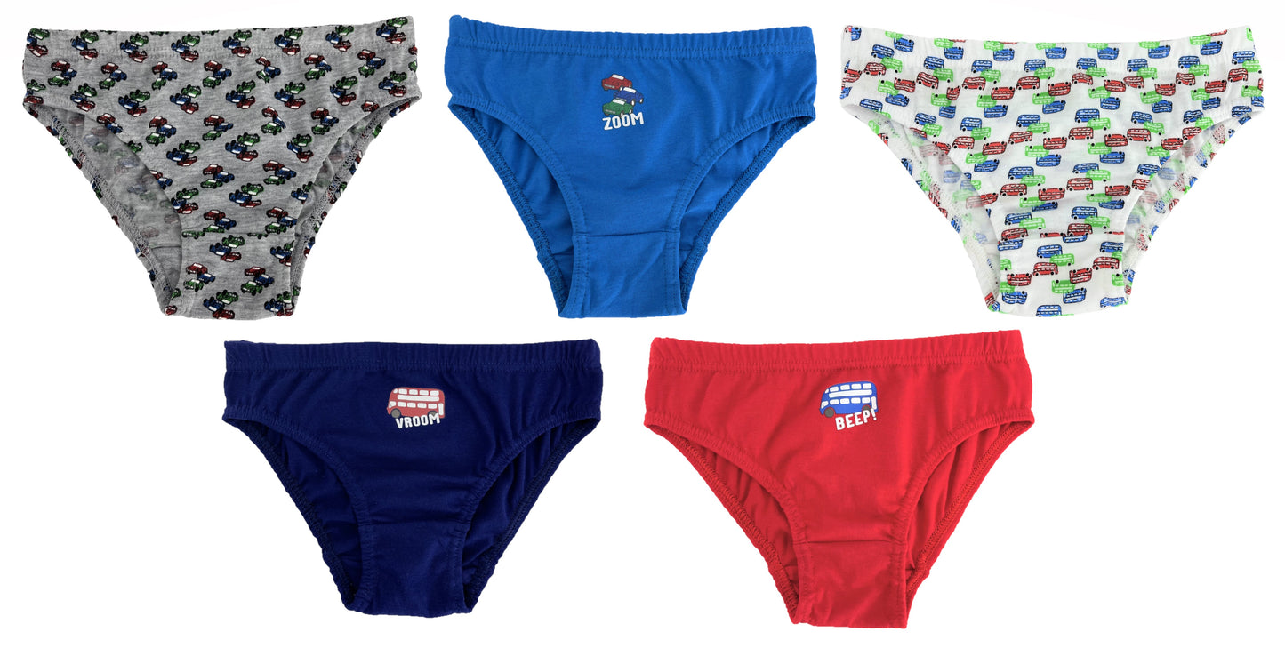 5 Pairs Boys Bus and Car Patterned Underwear Briefs Underpants