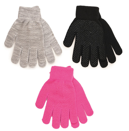 3 Pairs Ladies Thermal Grippers Gloves - Black, Pink & Grey Knitted Winter Gloves with Silicon Grips