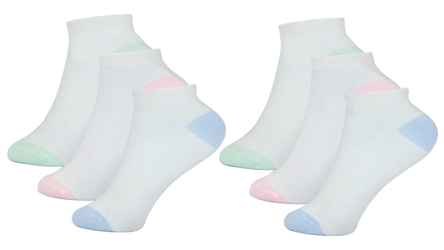 6 Pairs Ladies Trainer Liner Socks Black or White with Multicolour Toes & Heels