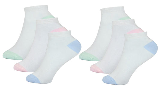 6 Pairs Ladies Trainer Liner Socks Black or White with Multicolour Toes & Heels