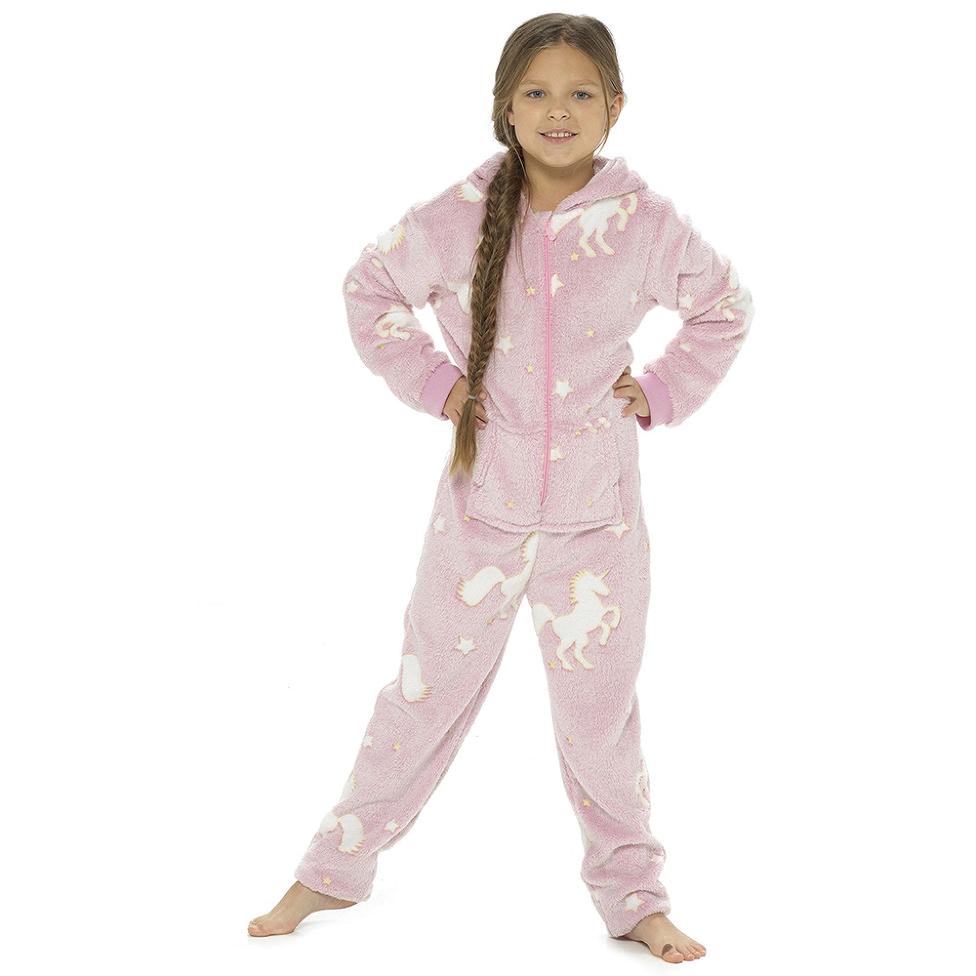 Girls Pink Unicorn Onesie Soft Glow in the Dark Fluffy Fleece Zip Up Hooded One Piece