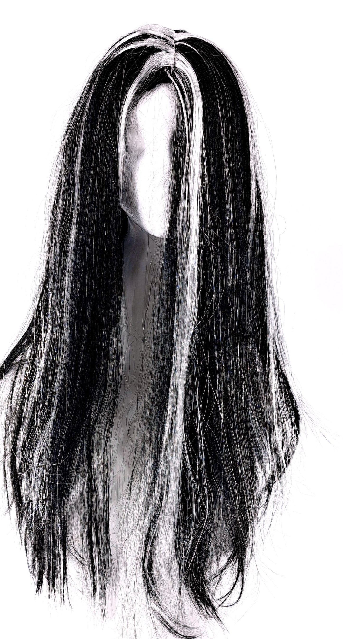 Long Black White Streak Witch Vampire Bride Old Hag Fancy dress Halloween Wig