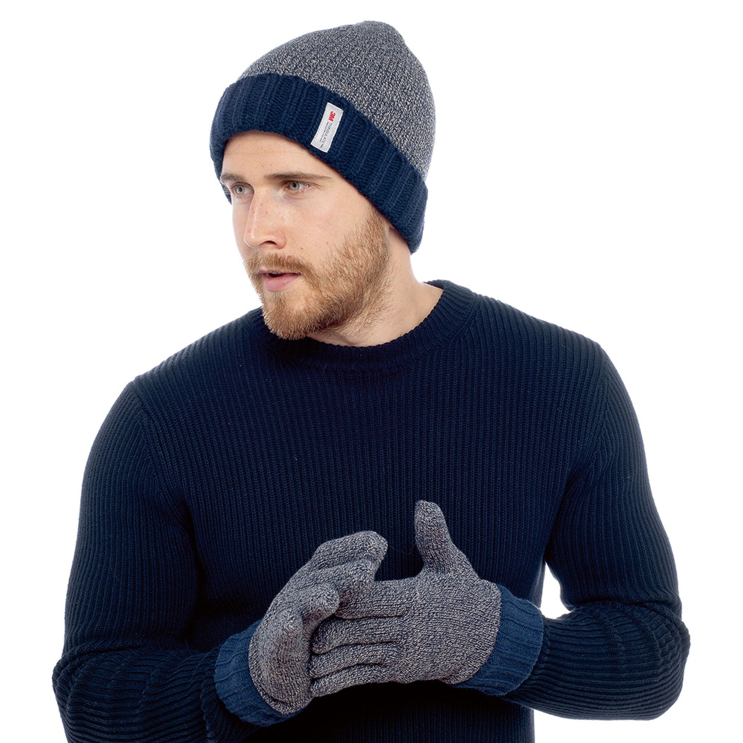 Men’s Thinsulate Chunky Knit Thermal Hat & Gloves Winter Set – Blue or Black M/L