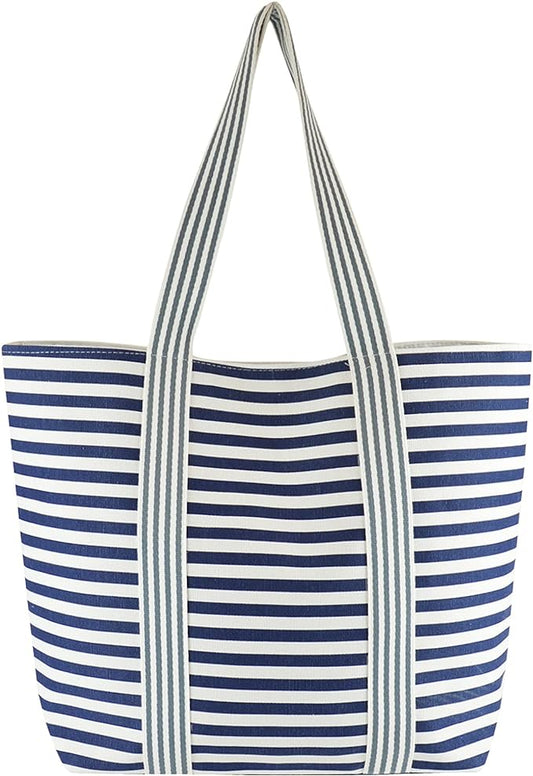 Large Blue and White Striped Canvas Summer Beach Tote Bag