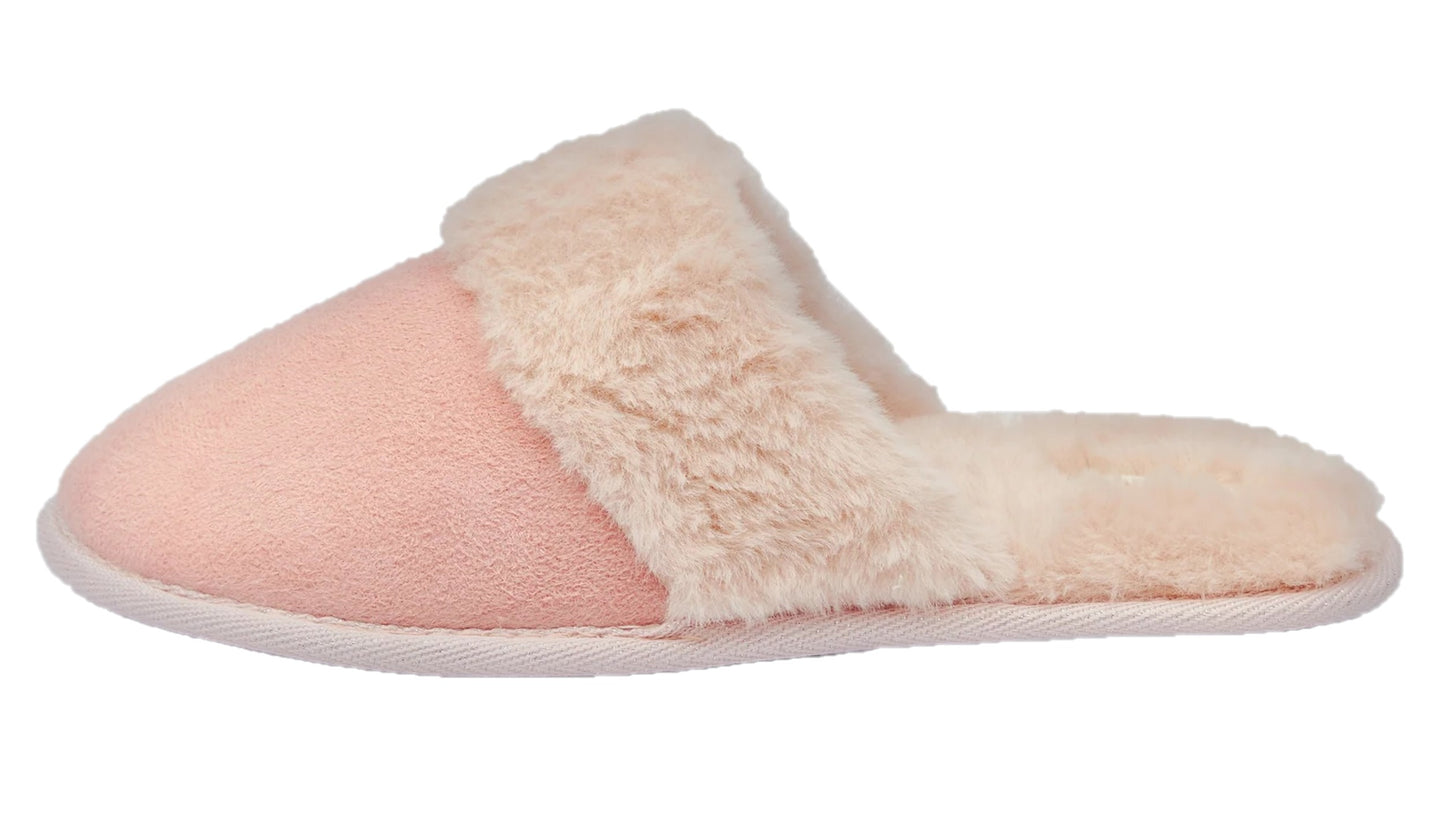 Cosy Pink Mule Slippers for Women with Faux Fur Lining & Trim, Memory Foam Cushioned Footbed, Comfortable Non-Slip Sole, Ladies Cosy Warm Suédette Mules, UK Sizes 3-8