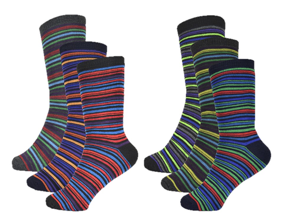 6 Pairs Men's Socks Calf-Length Multicoloured Striped - UK 7-11