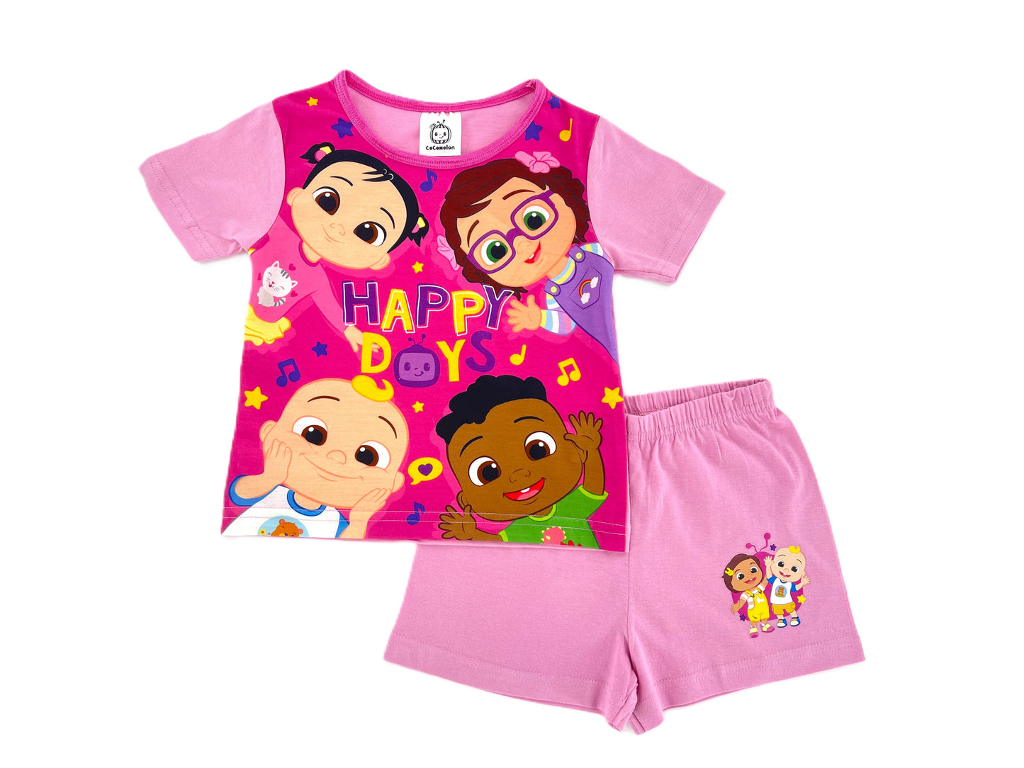 CoComelon Girls Pyjamas Summer Shortie Pink Cotton PJs "Happy Days" Bella Cece Cody JJ